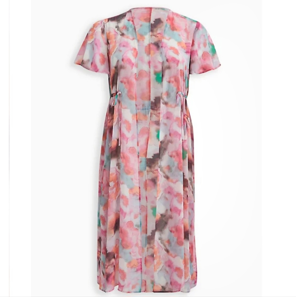 Torrid Kimono Chiffon Pink Watercolor Print Short Sleeve Coverup 3X 22/24 NWT